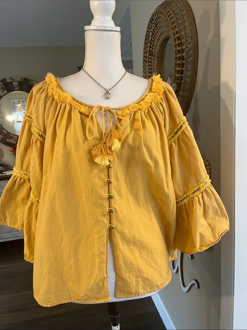 Boho Tassel Peasant Blouse in Mustard Yellow